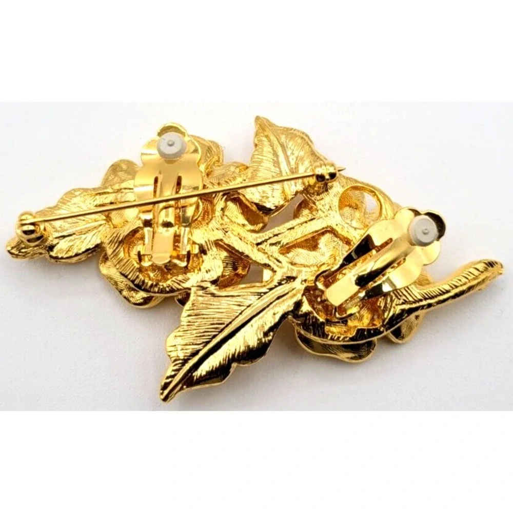 JOAN RIVERS GOLD TONE RHINESTONE FLOWER BROOCH PIN W/ DETACHABLE CLIP ON EARRING
